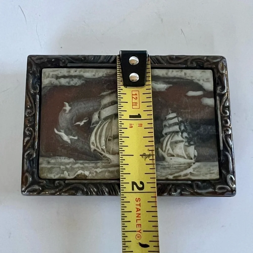 Vintage Incolay Belt Buckle Carved Stone Ship Nautical Coastal 1970s Brass